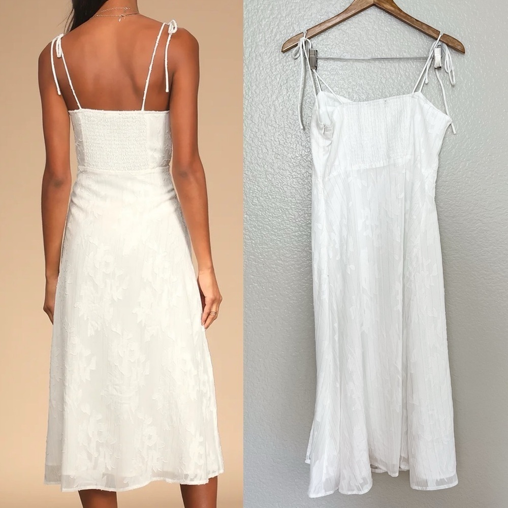 Loveliest Looks White Floral Jacquard Tie-Strap Midi Dress - Picture 3 of 10